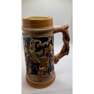 Collectible Intricate Ceramic Bavarian Beer Mug, Woman & Dog Design, 8 Inches